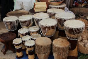 Photo of Ugandan drums at a market.